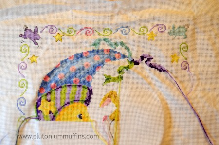 You can see the nose of a little bunny in this cross stitch sampler.