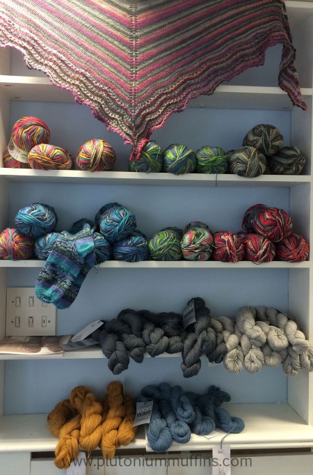 Sock yarns as you walk into the Bluestocking Wool Shop.
