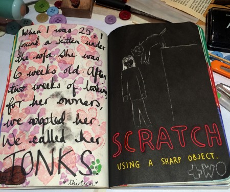 Completed page from the Wreck This Journal - "Scratch using a sharp object"